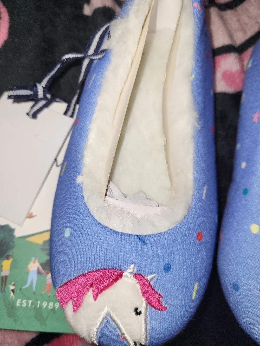 Joules Blue Unicorn Kids Slippers with Pink Pom